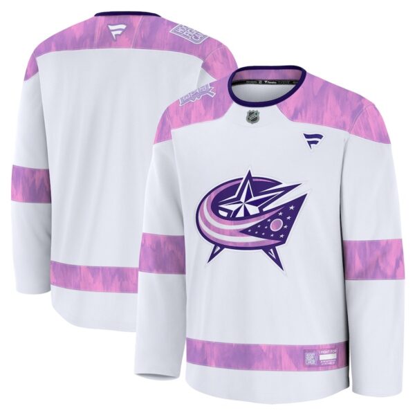 Men's Columbus Blue Jackets Fanatics White 2024 Hockey Fights Cancer Practice Jersey