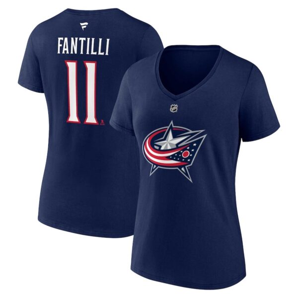 Women's Columbus Blue Jackets Adam Fantilli Fanatics Navy Authentic Stack Name & Number V-Neck T-Shirt
